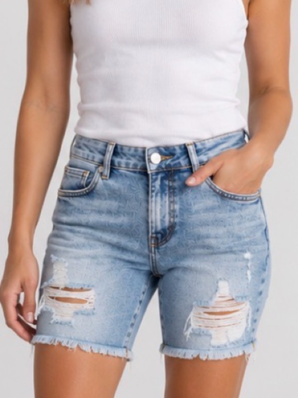 Vigoss Light Blue Distressed Denim Bermuda Shorts Size 28